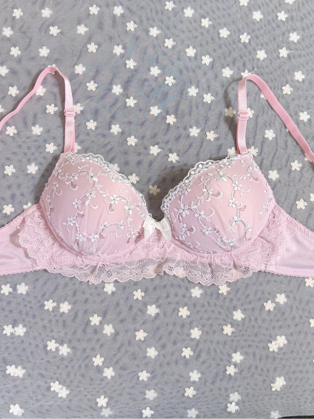 US-32B Japanese Cute Ruffle Lace Glittery Floral Embroidery Push Up Bra